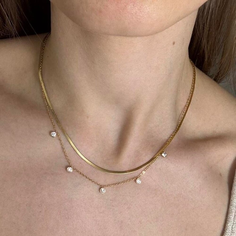 The Penny Gold Layered Crystal Drop Choker Necklace with snake chain 2 in 1